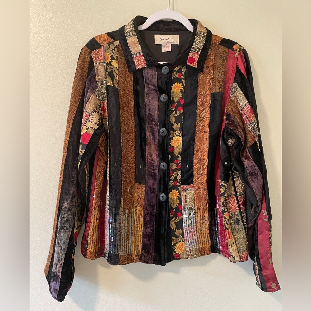 Anu by Natural Colorful Patchwork Sequin Velvet Floral Boho Jacket